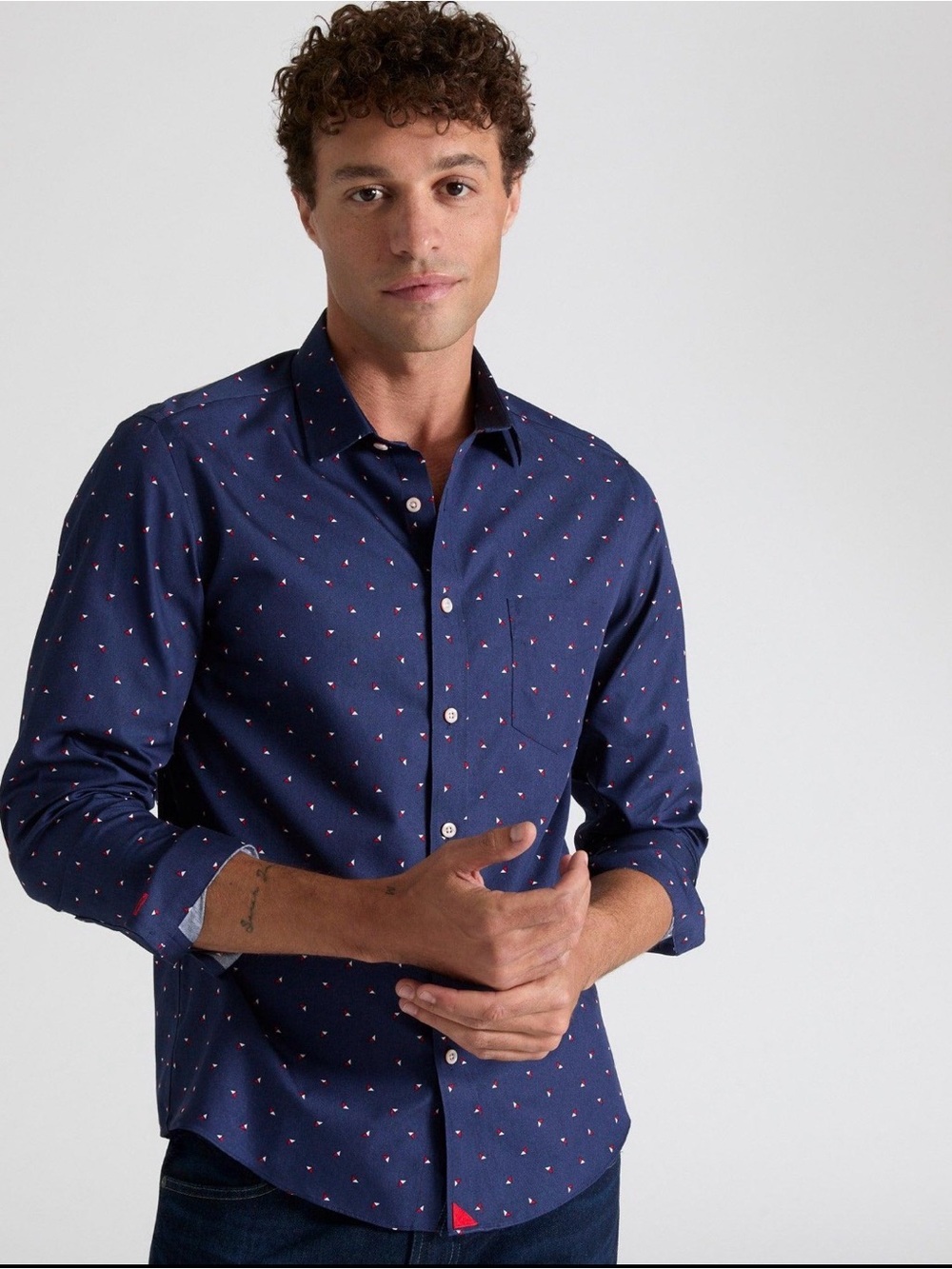 J. Crew Navy Button-Down Shirt with Red Micro Dot Print